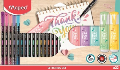 Kalligrafikus készlet, 22 darabos, MAPED "Lettering Set", 6 szövegkiemelő + 16 tűfilc különböző színekben